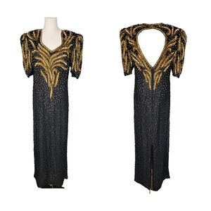 Mark & John By SAM Dress Sz XL Black Gold Beaded Sequin Long Dress Glam Vintage